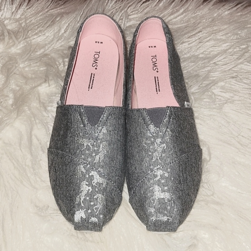 TOMS Alpargata Espadrilles Grey Foil Unicorn Slip On Shoes Size 9.5